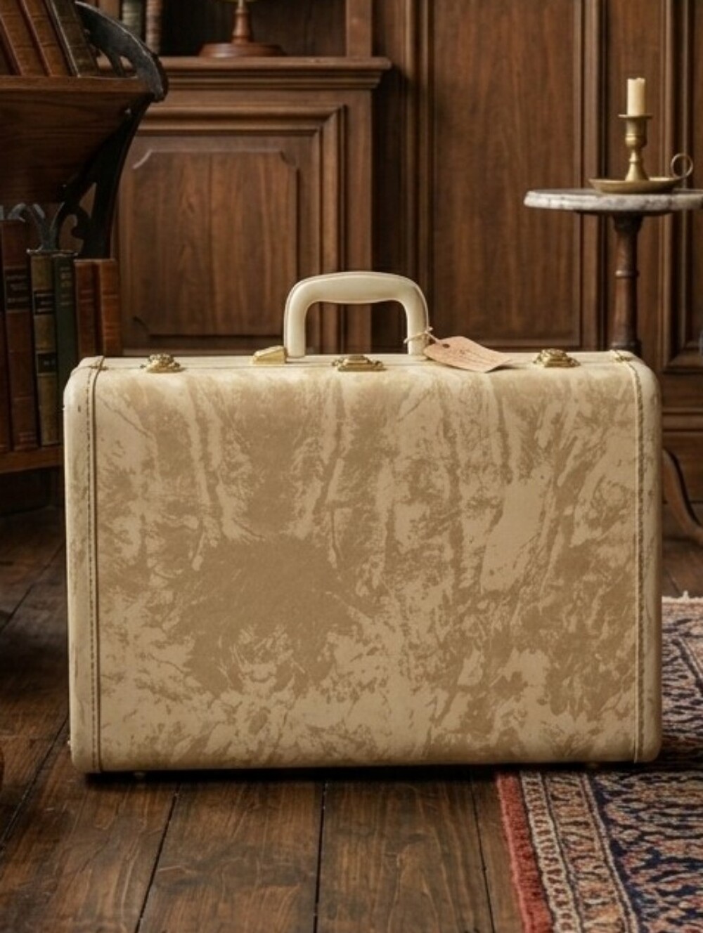 Samsonite Vintage 1950s Cream Marble Streamlite Suitcase Travel Case - 21" X 18"